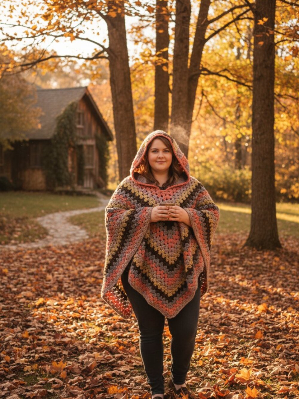 Autumn Harvest Hooded Poncho | Handmade Crochet Poncho One Size Fits Most to 3X